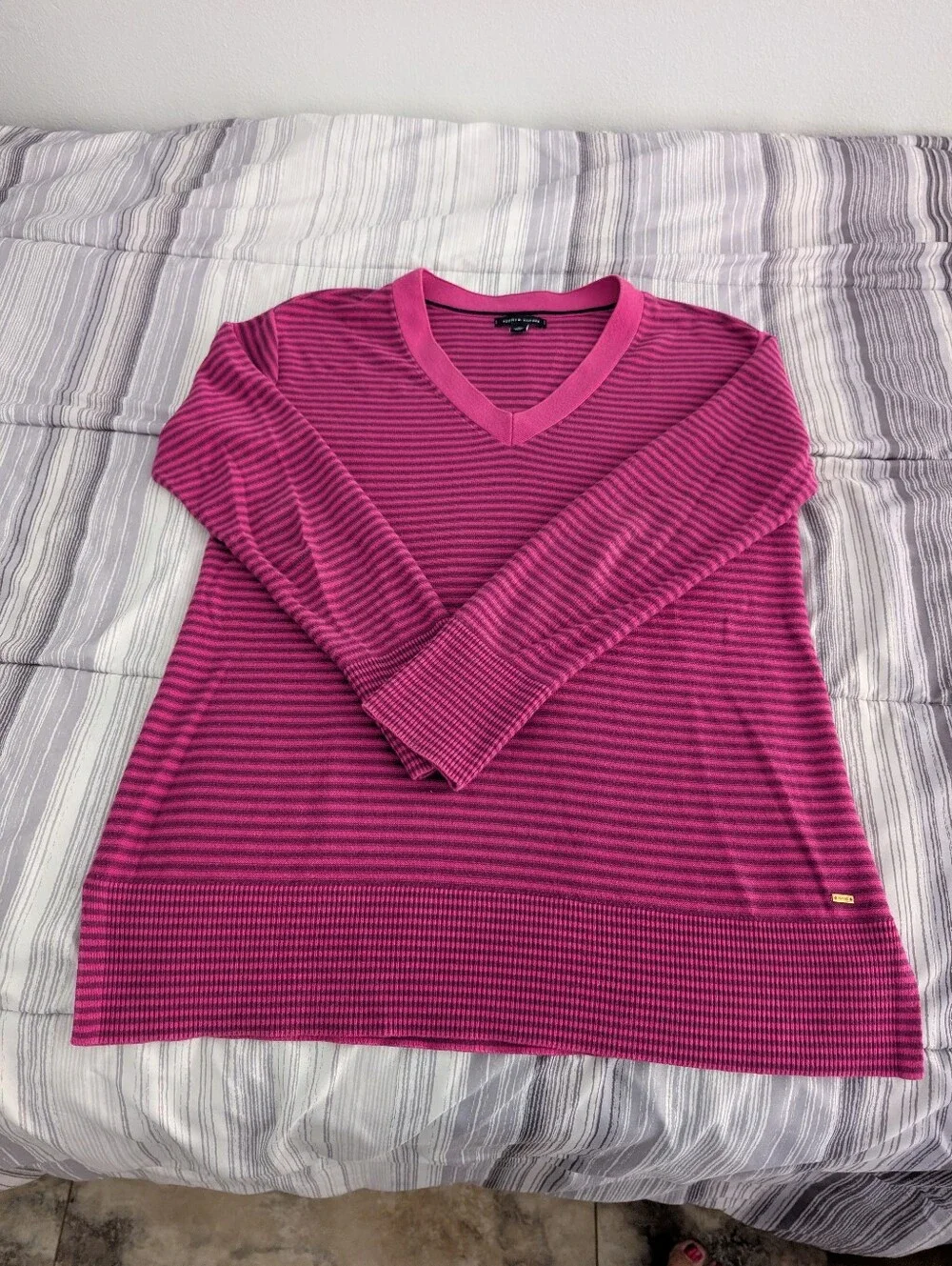 Tommy Hilfiger Hot Pink & Dark Pink Striped V-Neck Sweater